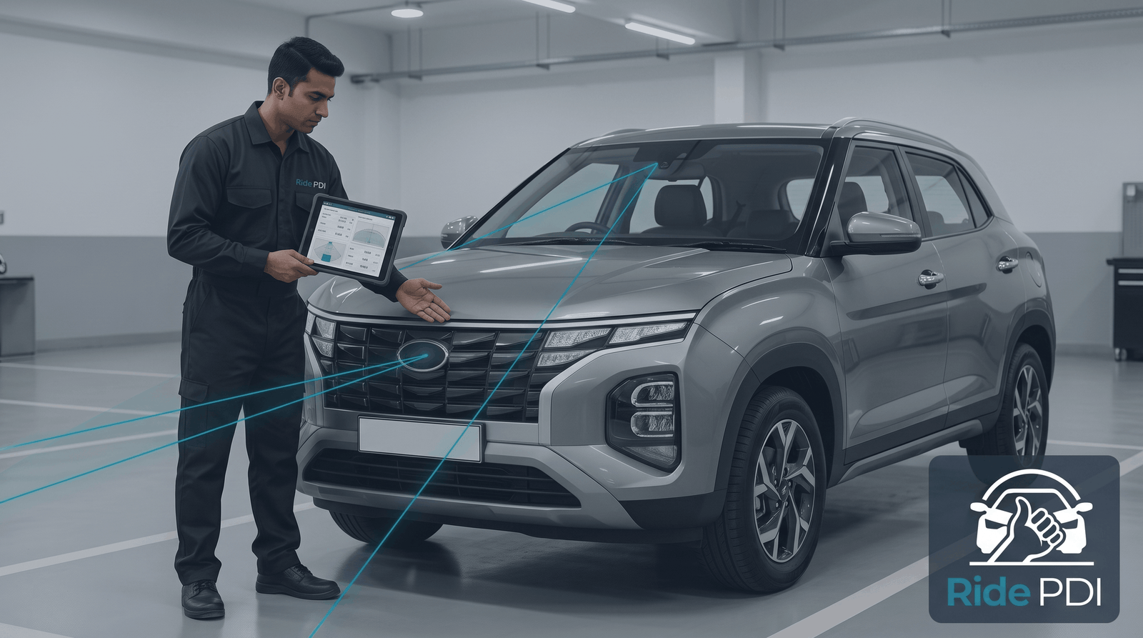Technician running a diagnostic scan on a new car's ADAS radar and camera sensors before delivery