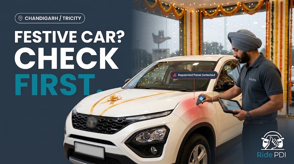 RidePDI technician inspecting a new car with a paint depth gauge at a Chandigarh dealership during Diwali festive season